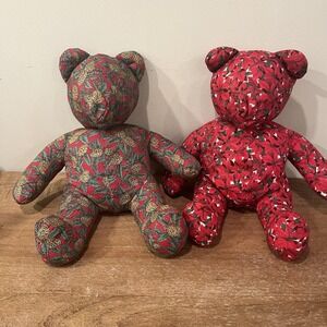 2 VTG Artisan Handcrafted Christmas‎ Teddy Bears Poinsettia & Pinecone Designs